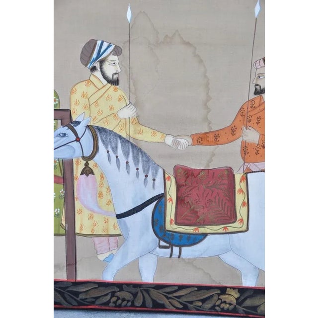 Large (45"x69") Persian Style Painting on Fabric Mounted on Board Depicting a Courtyard Scene For Sale - Image 10 of 13