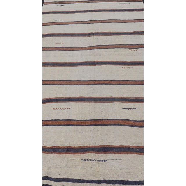 Mid 20th Century Turkish Vintage Kilim Rug Ivory Brown Striped Anatolian Flatweave Wool For Sale - Image 5 of 12