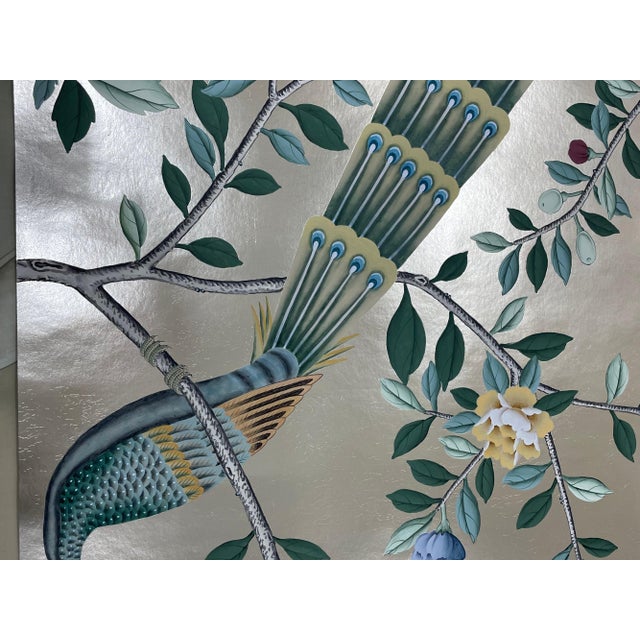 Champagne Gold Leaf Chinoiserie Hand-Painted Peacock & Floral Wall Panels (Set of 4) For Sale - Image 4 of 5