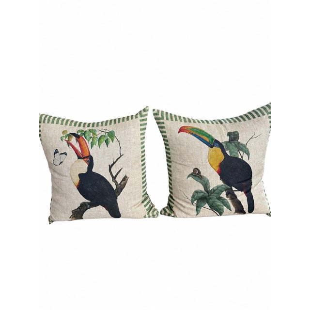 Vintage Tropical Linen Toucan Throw Pillows With Green Striped Borders, 2 Pieces For Sale - Image 4 of 12
