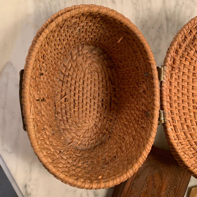 Brown Vintage Asian Wicker Brass Lunch Basket or Purse For Sale - Image 8 of 10