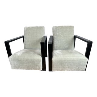 Ebonized Wood and Gray Velvet Upholstered Club Chairs -a Pair For Sale