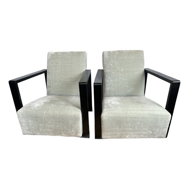 Ebonized Wood and Gray Velvet Upholstered Club Chairs -a Pair For Sale