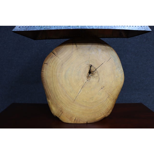 Mid 20th Century Mid 20th Century Mid Century Modern Oversized Live Edge Wood Table Lamp With Patinated Copper Shade For Sale - Image 5 of 12