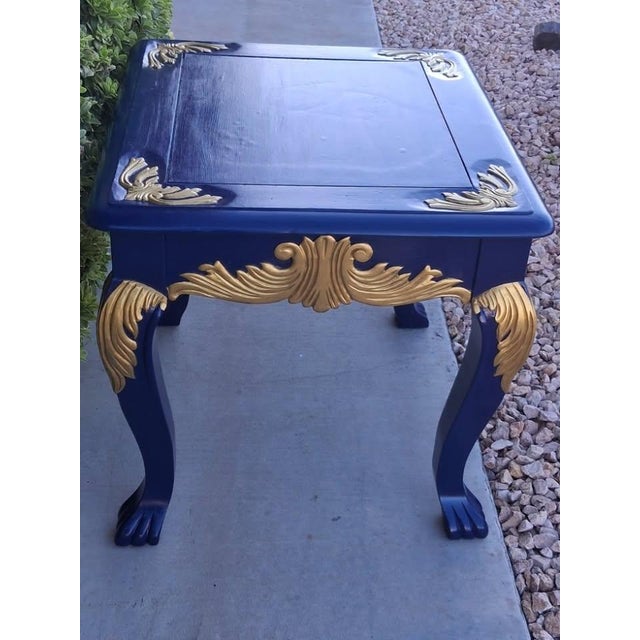 Wood Upcycled Hollywood Regency Navy Blue & Gold Gilded Clawfoot Side Table For Sale - Image 7 of 8