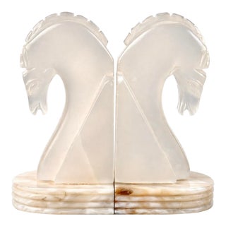 Translucent Carved Alabaster Horse Head Bookends, Mid-Century Modern Stone Pair For Sale