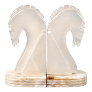 Translucent Carved Alabaster Horse Head Bookends, Mid-Century Modern Stone Pair