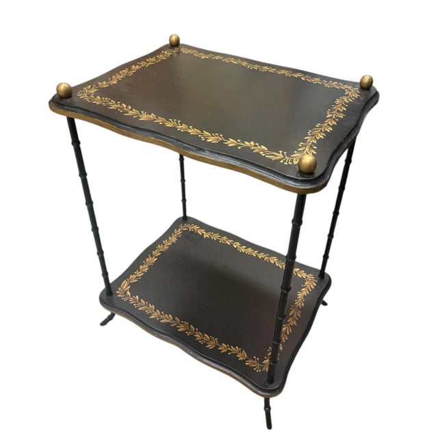 Vintage Hollywood Regency Faux Metal Bamboo Two-Tier Occasional Table With Gilt Laurel Detail For Sale - Image 4 of 8