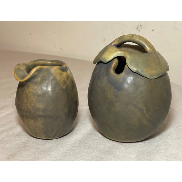 Antique Signed Japanese 3 Piece Studio Green Pottery Teapot Set Sugar Creamer For Sale - Image 4 of 18