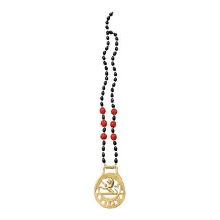 Horse Brass Necklace With Hand-Knotted Leather Cording For Sale