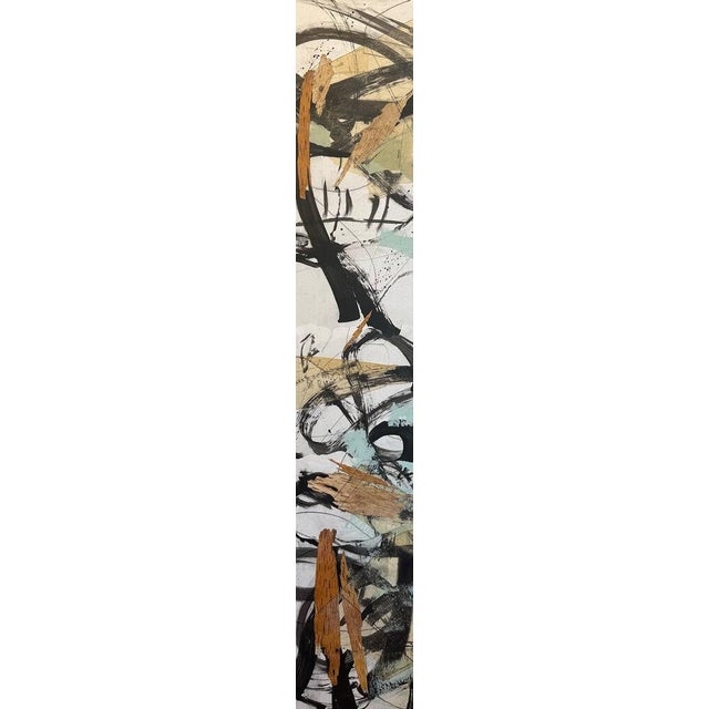 Sweeping black brushstrokes loop and cross over a ground of sage, pale aqua, cream and ochre, suggesting branches, grasses...