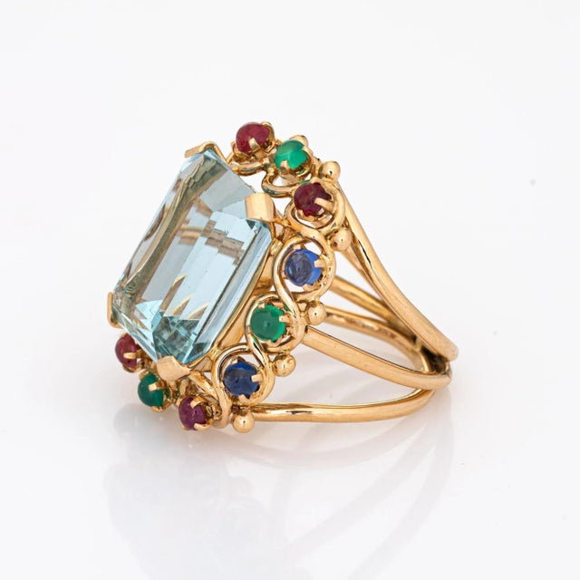 16.50ct Aquamarine Gemstone Ring Vintage 14k Yellow Gold Cocktail Jewelry size 7.5 For Sale - Image 4 of 6