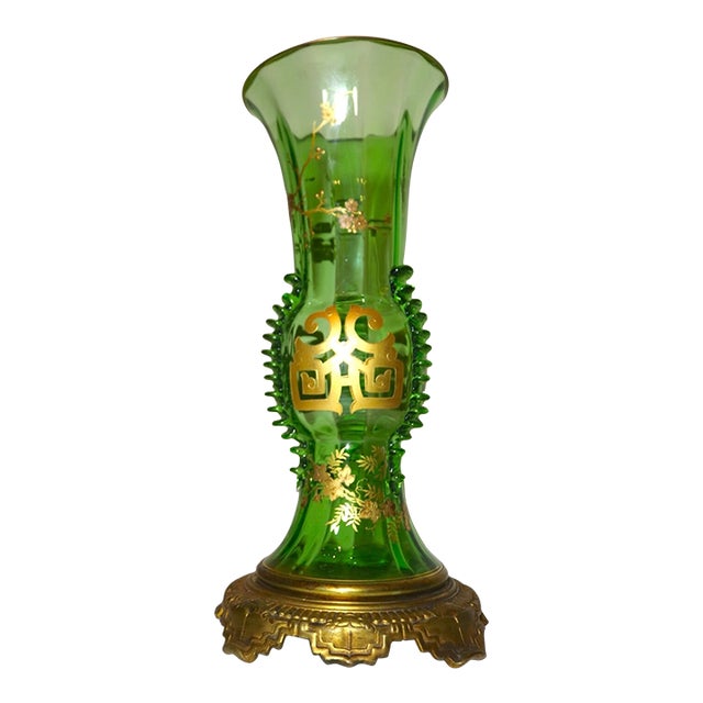 Antique Hand Blown Bronze Mounted Gold Gilt Green Bohemian Czech Art Glass Vase For Sale