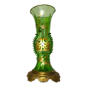 Antique Hand Blown Bronze Mounted Gold Gilt Green Bohemian Czech Art Glass Vase