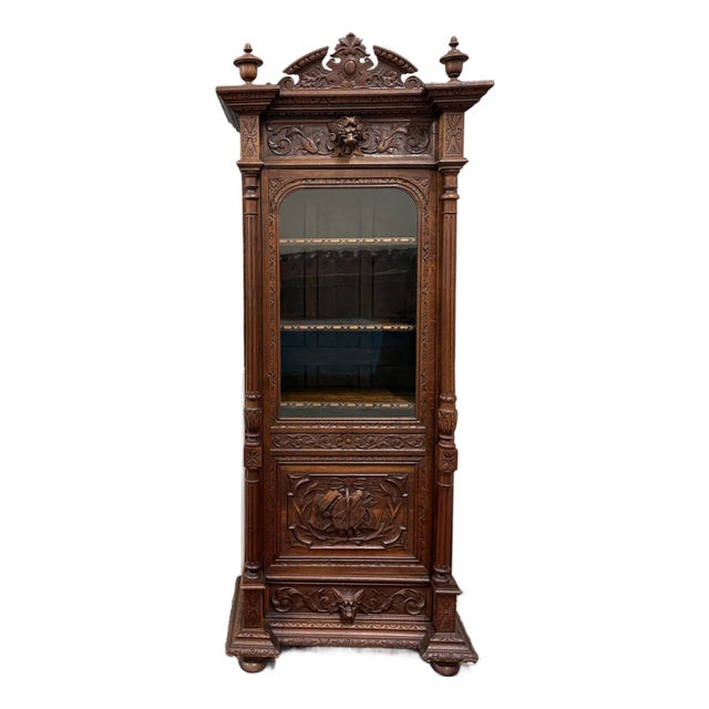 Antique French Renaissance Revival Scholars Bookcase Cabinet Carved Oak 19th C For Sale