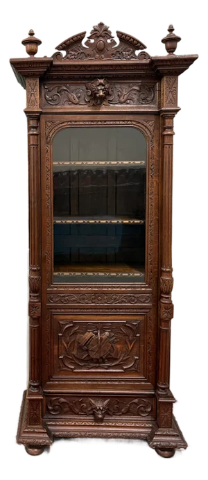 Antique French Renaissance Revival Scholars Bookcase Cabinet Carved Oak 19th C