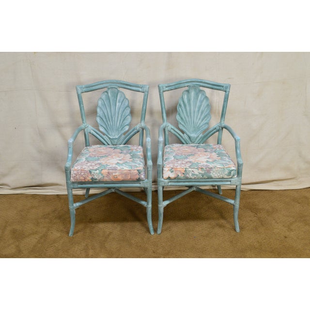 Surfside Casual Paint Frame Shell Carved Rattan Arm Chairs A