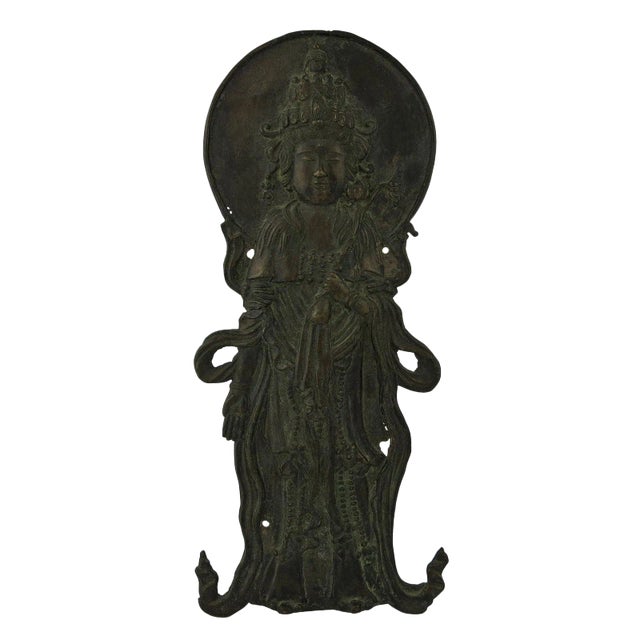 18th-19th Century Vintage Japanese Bronze Figural Diety Plaque For Sale