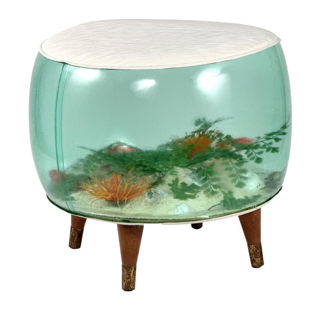 Wood Vintage 1960s Mid-Century Modern Inflatable Aquarium Stool Ottoman Fish Tank Footstool For Sale - Image 7 of 16