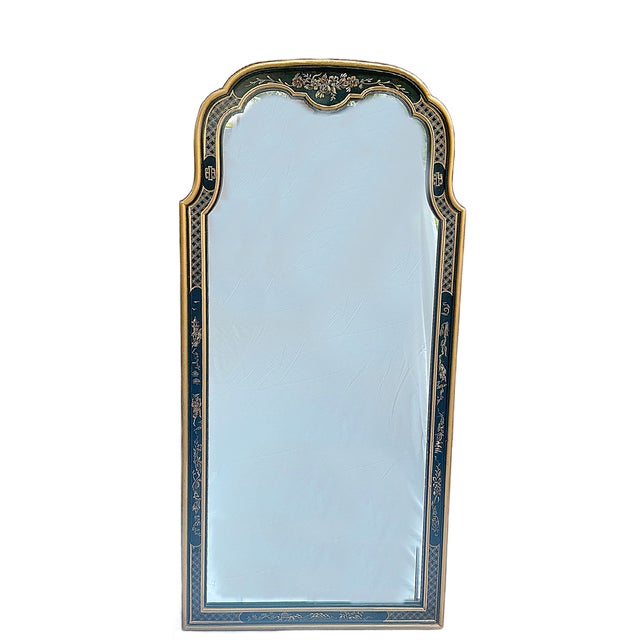 Chinoiserie 1970's Drexel Heritage Chinoiserie Black and Gold Hand Painted Wall Mirror For Sale - Image 3 of 14