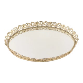 Vintage 70s Mid Century Modern MCM Oval Metal Floral Geometric Mirrored Vanity Tray For Sale