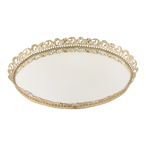 Vintage 70s Mid Century Modern MCM Oval Metal Floral Geometric Mirrored Vanity Tray