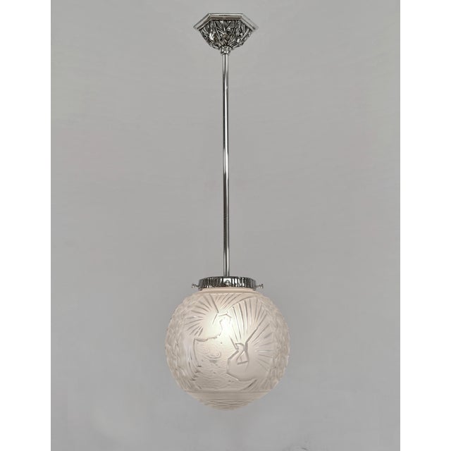 Art Deco Muller Freres French Art Deco Peacock Motif Pendant Light 1930s - 3 Available For Sale - Image 3 of 14