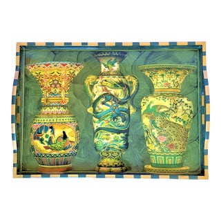 Vintage Lacquered Faux Malachite Chinoiserie Vase Tray For Sale