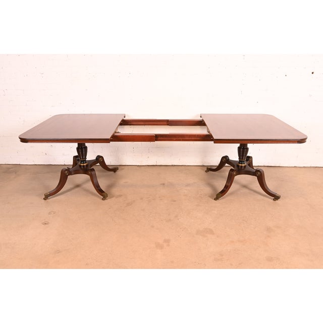 Kittinger Regency Banded Mahogany Double Pedestal Extension Dining Table, Newly Refinished For Sale In South Bend - Image 6 of 16