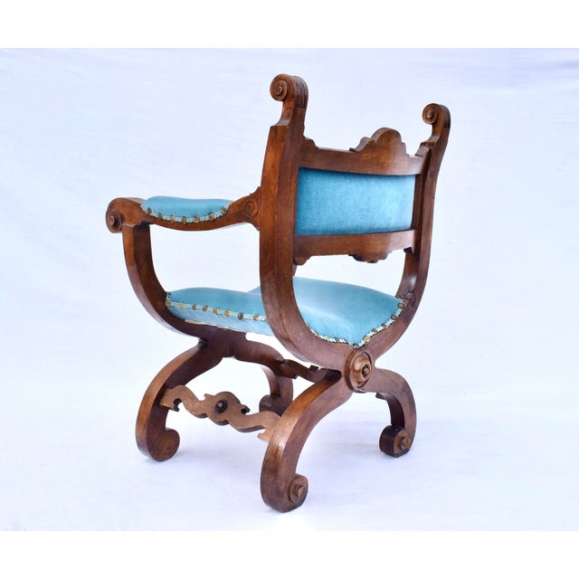 Wood Antique French Curule Throne Chair in Mohair For Sale - Image 7 of 10