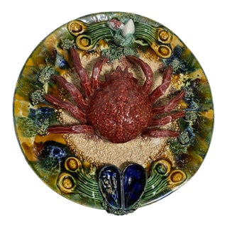 Large Vintage 13.5" Portuguese Palissy Style Majolica Crab Platter For Sale