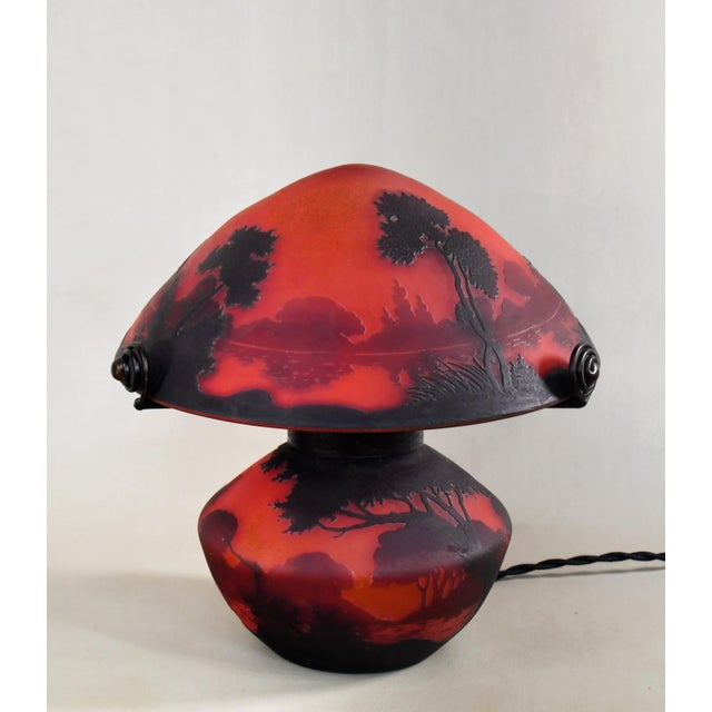 Metal 1920s Muller Freres French Art Deco Mushroom Table Lamp - Cameo Glass Lakeside For Sale - Image 7 of 18