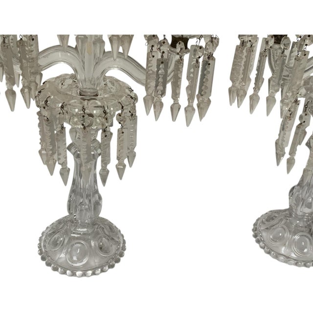 1960s Vintage Pair 14" Modular Crystal 3-Light Candelabras Threaded European Lead Crystal Complete With Prisms For Sale - Image 5 of 12