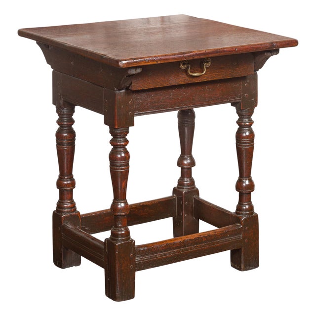 English 1800s Georgian Oak Side Table with Single Drawer and Baluster Legs For Sale