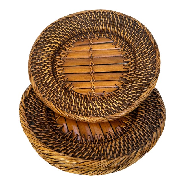 Set of 4 Woven Rattan & Bamboo Plate Chargers For Sale