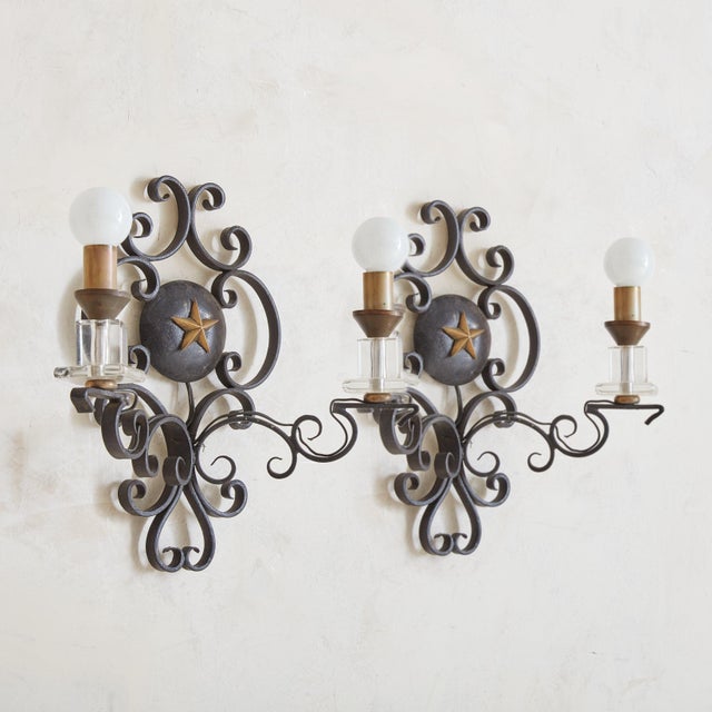 Metal Black Iron + Glass Wall Sconce, France 1950s - 2 Available For Sale - Image 7 of 12