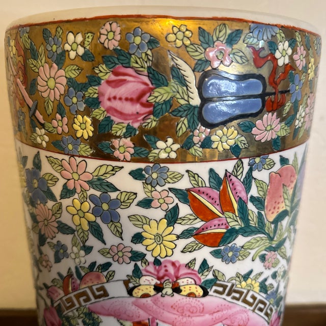 Chinoiserie Vintage Pink and Gold Multicolor Chinoiserie Porcelain Umbrella Stand For Sale - Image 3 of 12