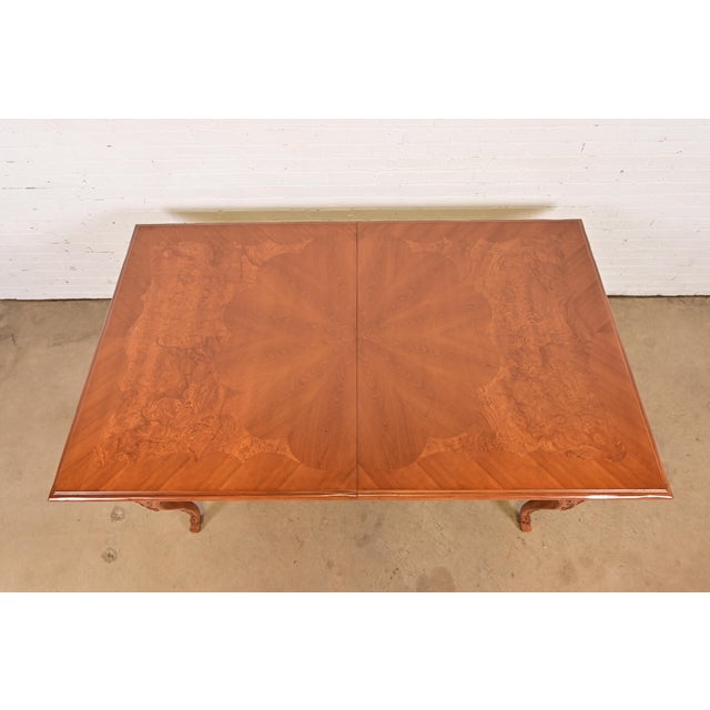 Baker Furniture Italian Provincial Carved Cherry and Burl Wood Extension Dining Table, Newly Refinished For Sale - Image 13 of 17