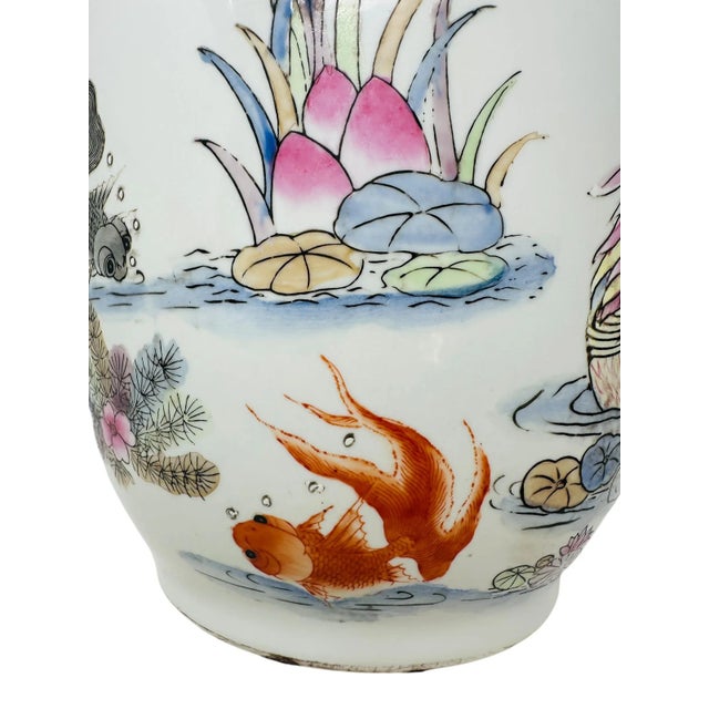 Vintage Famille Rose Porcelain Vase With Koi Fish, Birds, and Flowers For Sale - Image 10 of 15