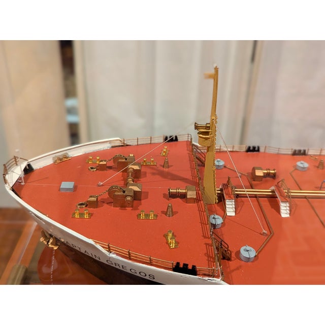 Brick Red Rare Museum Quality Tanker Ship Model in Display Case Titled "Mv Captain Gregos" For Sale - Image 8 of 10