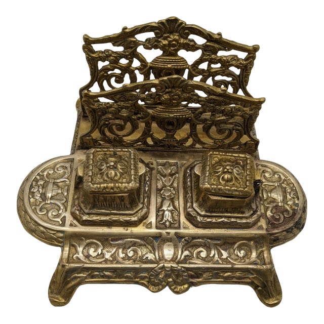 Early 20th Century Antique Brass Double Inkwell Stand and Letter Holder Desk Organizer For Sale