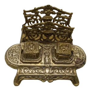 Early 20th Century Antique Brass Double Inkwell Stand and Letter Holder Desk Organizer