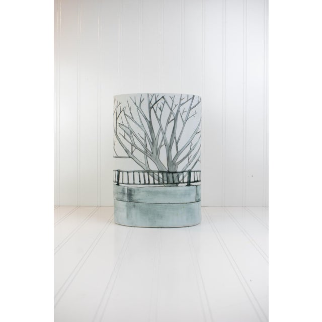 Contemporary Studio Porcelain Oval Vase With Winter Landscape Motif, Signed For Sale - Image 3 of 18