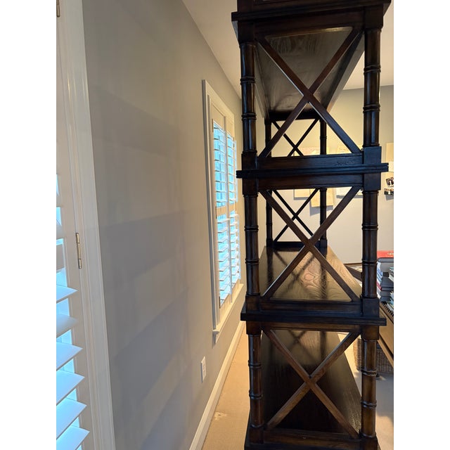 Pair of British Khaki Bookcase Etageres Walnut Brown Bamboo Motif For Sale - Image 4 of 6