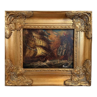 Italian Vintage Maritime Ship Oil Painting Signed Vasselli Nautical Seascape For Sale