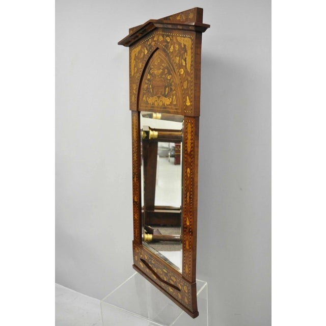 Wood Antique Satinwood Dutch Marquetry Inlay Beveled Glass Console Pier Wall Mirror For Sale - Image 7 of 11
