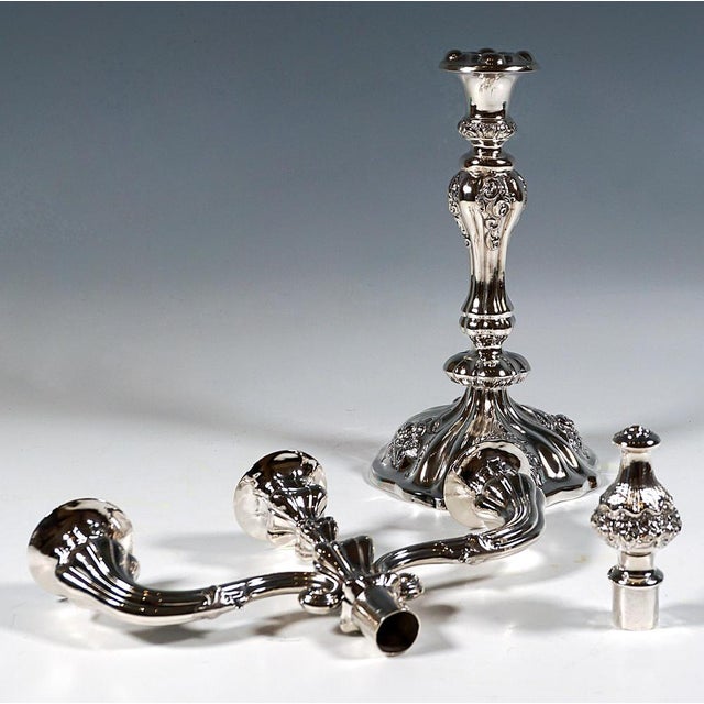 Metal Antique Vienna 3-Flame Biedermeier Silver Candleholders, 1857, Set of 2 For Sale - Image 7 of 15