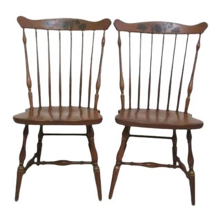Vintage Colonial Wood Windsor Spindle Dining Chair Brown Hand Painted Set of 2 For Sale