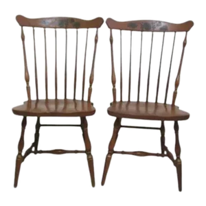 Vintage Colonial Wood Windsor Spindle Dining Chair Brown Hand Painted Set of 2