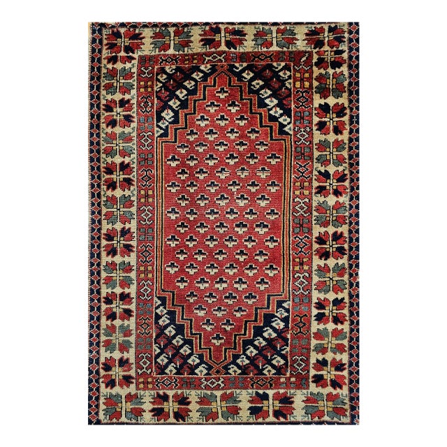 Vintage Turkish Village Area Rug, Hand-Knotted Wool, Red & Navy, 1950s, 3' x 5' For Sale